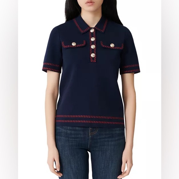 Maje Sweaters - Maje Misla Knit Topstitched Top Size 1/S Navy Red Collar Faux Front Flap Pockets